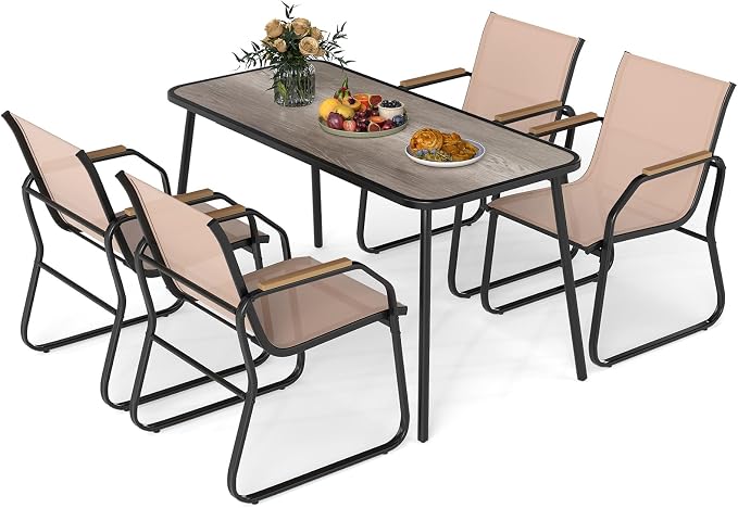 Tangkula 5 Pieces Patio Dining Sets, Outdoor Rectangular Dining Table & 4 Fabric Chairs with Wood-Like Armrests & Metal Frame, Patio Furniture Set for Garden Yard Porch Deck Poolside (Brown)