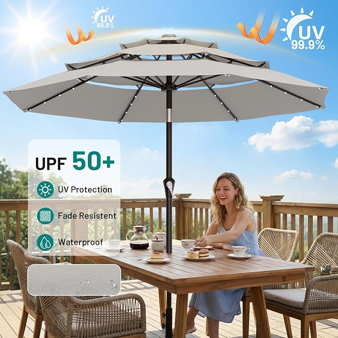 AreShark 9ft 3 Tiers Patio Umbrella with Solar Lights, Outdoor Umbrella w/ 32 LED Lights&8 Sturdy Ribs, Table Umbrella for Deck, Backyard, Pool (Light Gray)