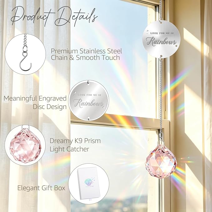 Mooncraftlogy Memorial Gift for Loss of Loved One, Light Crystal Suncatcher | Unique Sympathy Idea, Pink Memory Prism Crystal Ball, Grief Rainbow Sun Catcher, Bereavement Box for Mom Dad Son Daughter
