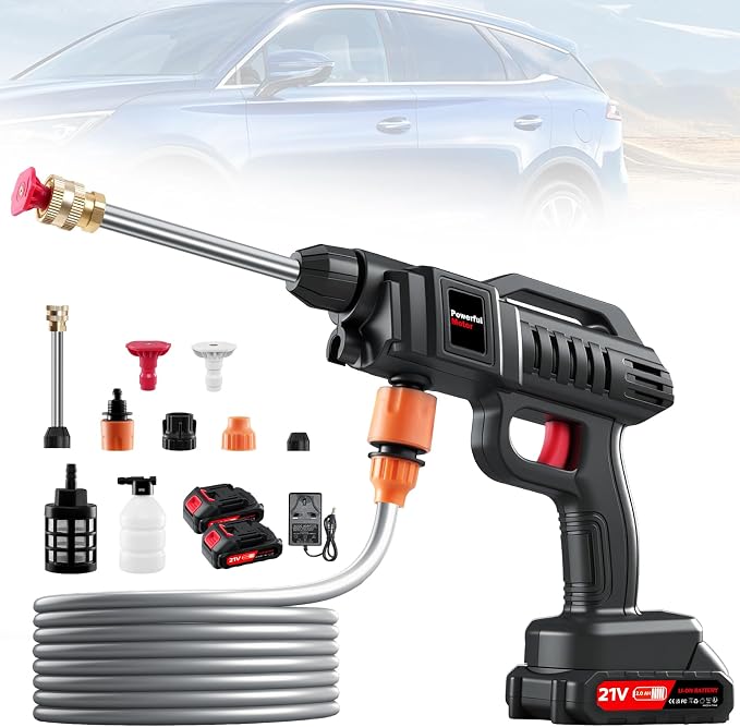 1500W Portable Battery Power Washer, 60Bar/870PSI Electric Pressure Washer Handheld High Pressure Car Washer Gun with 2 Nozzles, 2 Battery, 5m Hose Cordless Jet Washers for Car/Floor/Patio