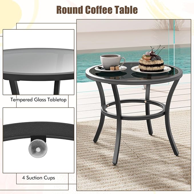 Tangkula 5 Piece Outdoor Furniture Set, Rattan Chairs & Ottomans w/Round Glass Topped Coffee Table, Space Saving Cushioned Patio Conversation Set for Backyard, Poolside (Navy)