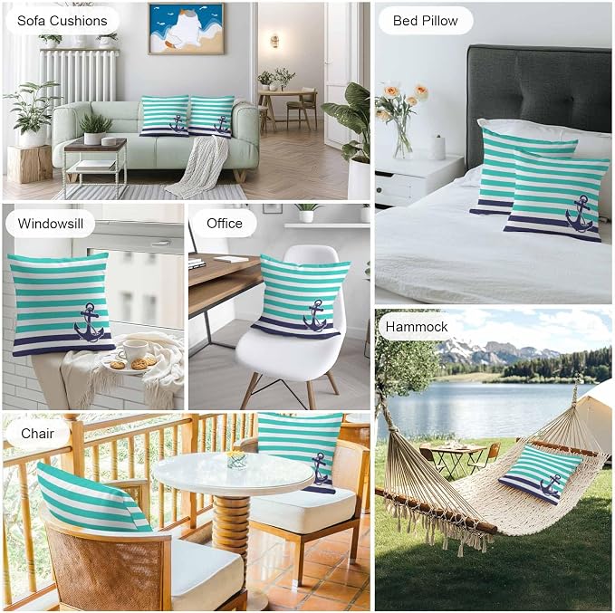 Throw Pillow Covers 26x26 Inch Set of 2, Anchor Turquoise Waterproof Outdoor Cushion Covers, Modern Navy Blue White Striped Nautical Decorative Pillowcases for Couch, Sofa, Bed, Garden, Patio