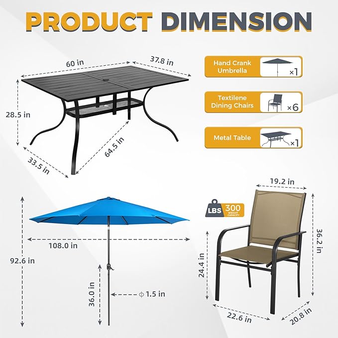Incbruce 8 Pieces Patio Dining Set with Sky Blue Umbrella, Outdoor Dining Set of 6 Textilene Chairs and Rectangle Table with Umbrella Hole for Backyard, Garden, and Poolside (Brown)