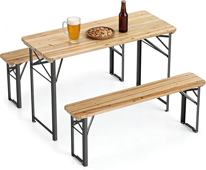 COSTWAY Folding Picnic Table, Foldable Fir Wood Picnic Table with Benches Set for 4 People, Wooden Beer Table Metal Frame for Outdoor BBQ Party, Garden, Backyard