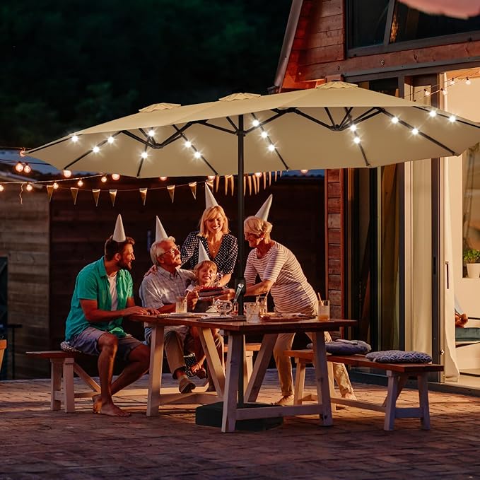 ABCCANOPY 15ft Umbrella Outdoor Patio Solar Lights with Base, Outdoor Double-Sided Rectangle Umbrella for Poolside, Lawn, Backyard (Khaki)