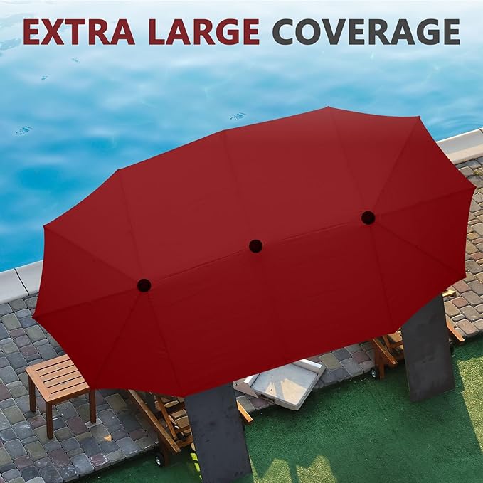 13Ft Large Patio Umbrella with Base Outdoor Double-Sided Market Extra Large Table Umbrella Easy Crank for Yard, Poolside, Deck-Red