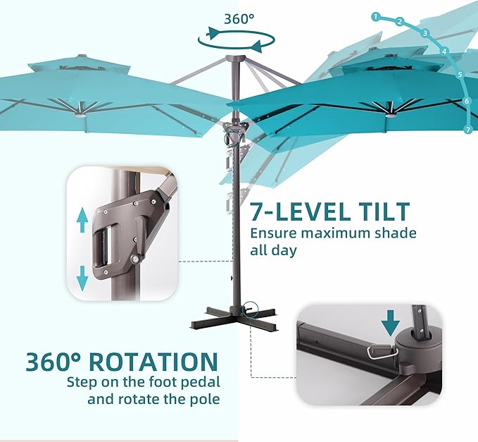 9 X 12 FT Cantilever Outdoor Patio Umbrella with LED Lights Large Heavy Duty 360° Rotation Double Top Offset Rectangular Umbrellas for Backyard Garden Pool Outside Deck, Turquoise