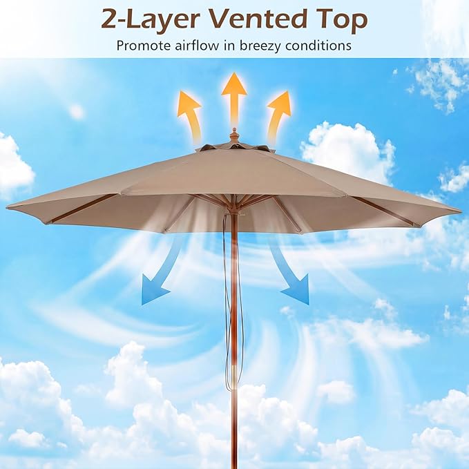 Tangkula 9 FT Patio Umbrella, Outdoor Table Market Umbrella with 8 Wooden Ribs, 3 Adjustable Heights, Rope Pulley System for Garden, Vented Top for Pool Backyard Deck Garden