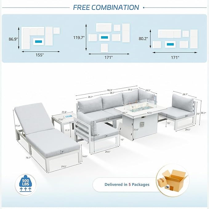 NICESOUL 8 Pcs Aluminum Patio Furniture Set for Large Groups, 500lbs Heavy Duty Outdoor Sectional Sofa with Lounge & Fire Pit Table, 29" Deep Wide Seating Conversation Couch for Poolside, Light Gray