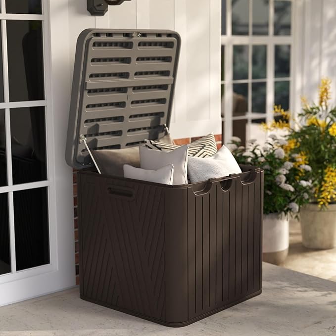 60 Gallon Outdoor Storage Box, Waterproof Patio Deck Box with Lockable Lid, Heavy-Duty HDPE Bench for Garden Tools, Cushions (Brown)