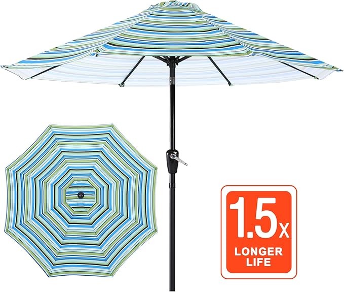 ABCCANOPY 9FT Patio Umbrella - Outdoor Waterproof Table Umbrella with Push Button Tilt and Crank, 8 Ribs UV Protection Pool Umbrella for Garden, Lawn, Deck & Backyard (Blue Green Stripes)
