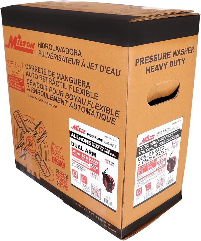 3/8" x 50' All-In-One Pressure Washer Dual-Arm Hose Reel (single wire-braided hose) - 4,000 PSI