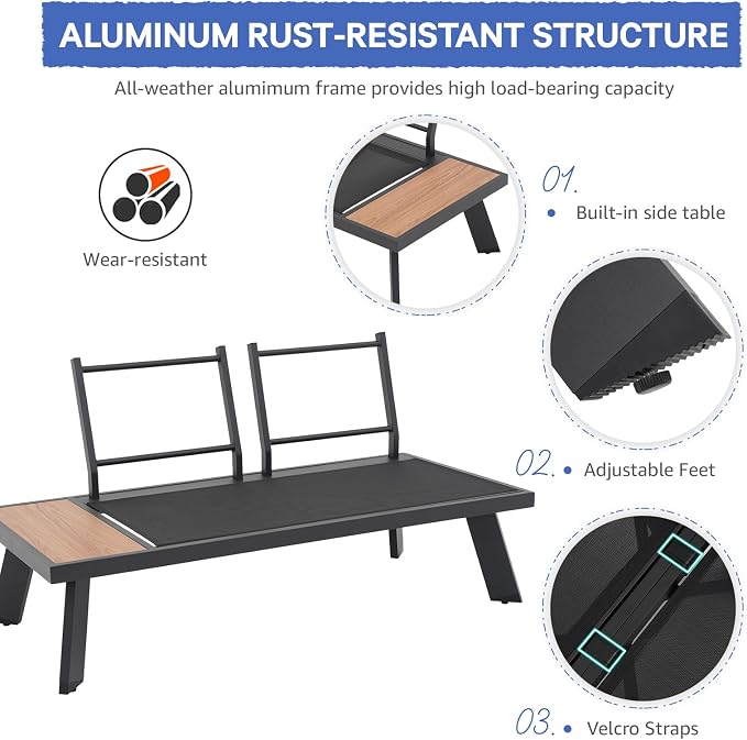 SUNSITT 4-Piece Outdoor Patio Furniture Set L-Shaped Aluminum Sectional Sofa with Faux Wood Grain Top Coffee Table, All-Weather Patio Conversation Set with Cushions, Blue