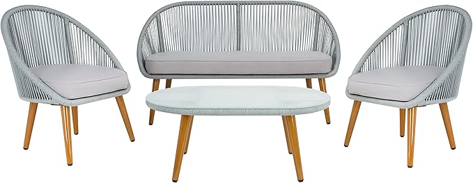 SAFAVIEH Outdoor Collection Halcott Grey Rope/Grey Cushion 4-Piece Conversation Patio Set