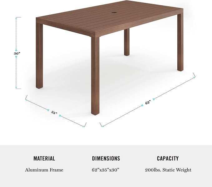 Martha Stewart Bedford 62" Indoor-Outdoor Aluminum Patio Table with Umbrella Hole and Brushed Woodgrain Finish in Brown