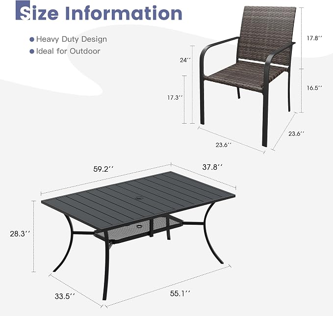 VICLLAX 7 Pieces Patio Dining Set, 6 Stakable Wicker Outdoor Chairs and Patio Rectangular Table with Umbrella Hole for Backyard Lawn Deck, Black Tabletop