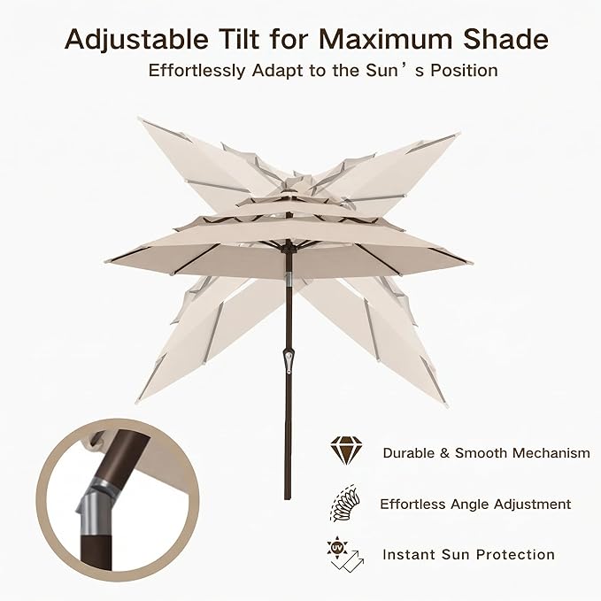 Kingdura 10ft 3-Tier Patio Umbrella, Outdoor Table Umbrella with Easy Crank & Tilt, 8 Reinforced Ribs, UV Protection for Deck, Pool, Market, Backyard (Beige)