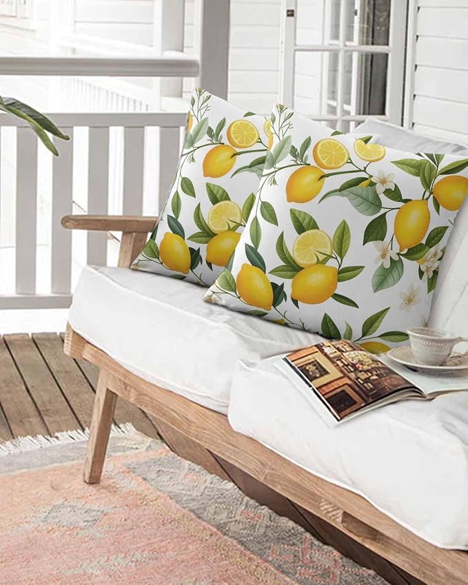 Outdoor Waterproof Throw Pillows Watercolor Lemon Green Leaves Flower Patio Pillows,Decorative Pillow Covers with Insert,Pillow Cushion Case for Garden Couch Sofa Farm Fruit Harvest