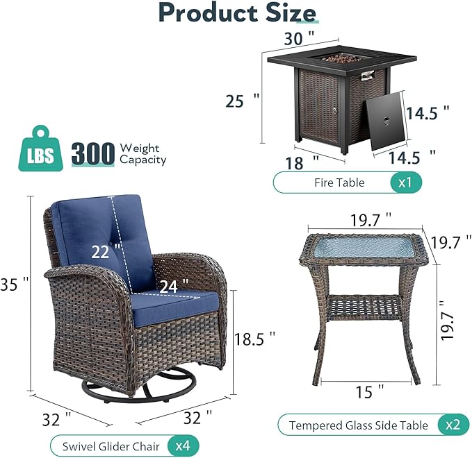 7 Piece Patio Furniture Set with Fire Pit Table - Wicker Patio Conversation Set with 4 Swivel Glider Chairs and 2 Tempered Glass Side Tables for Deck Backyard - Brown Wicker Blue Cushion