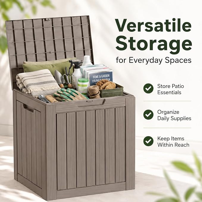 Outdoor Deck Patio Storage Box - 35 Gallon Small Outdoor Deck Box, Plastic Storage Bin with Lid, Outside Toy Box & Pool Storage Container for Cushions, Garden Tools, Towel, Lockable Chest, Brown
