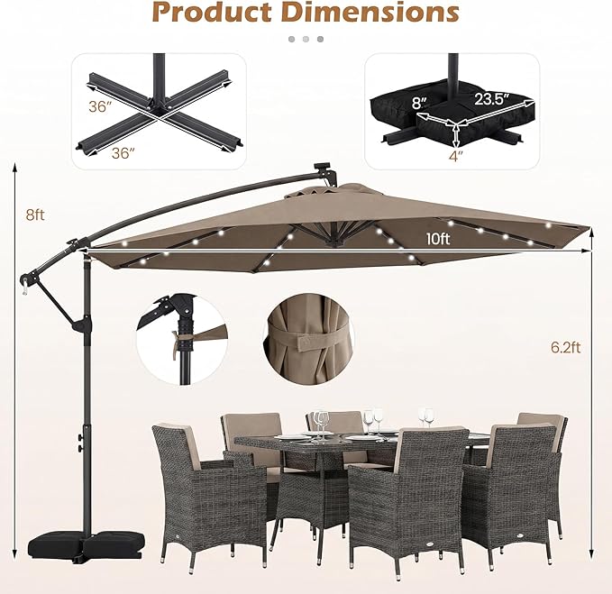 Tangkula 10ft Solar Patio Umbrella with Base Included, Offset Cantilever Outdoor Umbrella with 32 LED Lights, 360 Degree Rotation, Crank Handle for Pool Deck Garden Backyard (Tan)