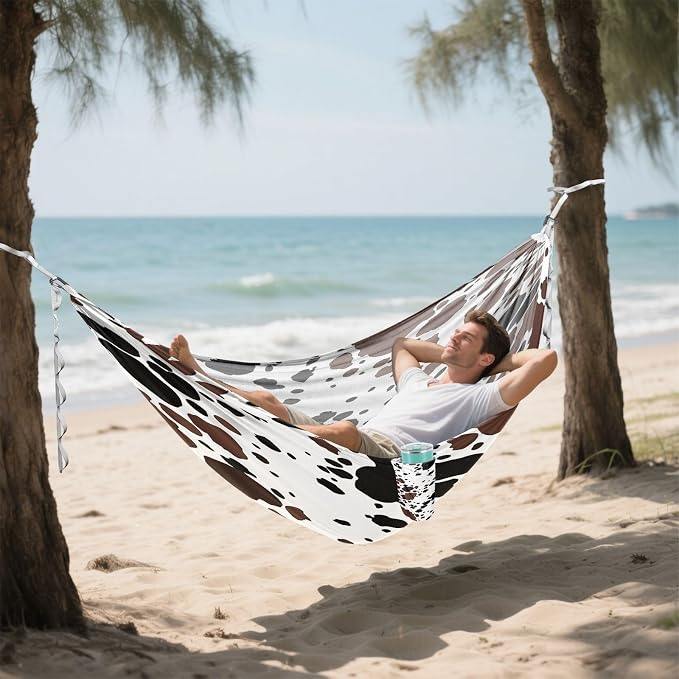 Cow Brown Spots Pattern Camping Hammock, Portable Lightweight Single Hammock with Tree Straps and Aluminum Carabiners, 114" x 54" Travel Hammock for Hiking Backpacking Beach