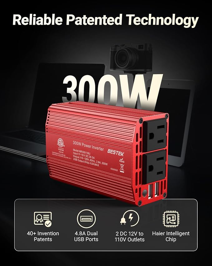 BESTEK 300W Power Inverter DC 12V to AC 110V & Pure Sine Wave Car Inverter