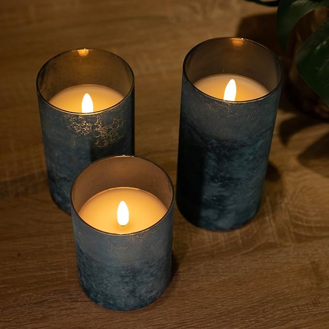 Blue Flameless Candles Set of 3, Sandblasted Glass LED Pillar Candles with Remote, Battery Operated Flickering Candles for Coastal Home Decor, Party Bathroom Holiday Birthday Wedding Decoration