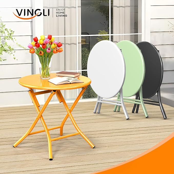 VINGLI Patio Metal Folding Side Table, Portable Small Outdoor Folding Round Table, Perfect for Indoor and Outdoor Spaces Like Balconies, Backyards, Porches, and Patios.Yellow（1 Pack）