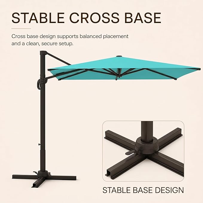 Kingdura 8' X 8' Cantilever Patio Umbrella with Base Included, Large Square Outdoor Offset Umbrella with 360-degree Rotation, Infinite Tilt, UV Protection for Pool Deck Garden Patio (Peacock blue)