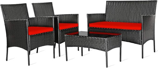 HAPPYGRILL 4pcs Patio Furniture Set Rattan Wicker Conversation Set with Tempered Glass Top Table, Outdoor Wicker Sofa Set with Removable Cushions for Poolside Garden Backyard