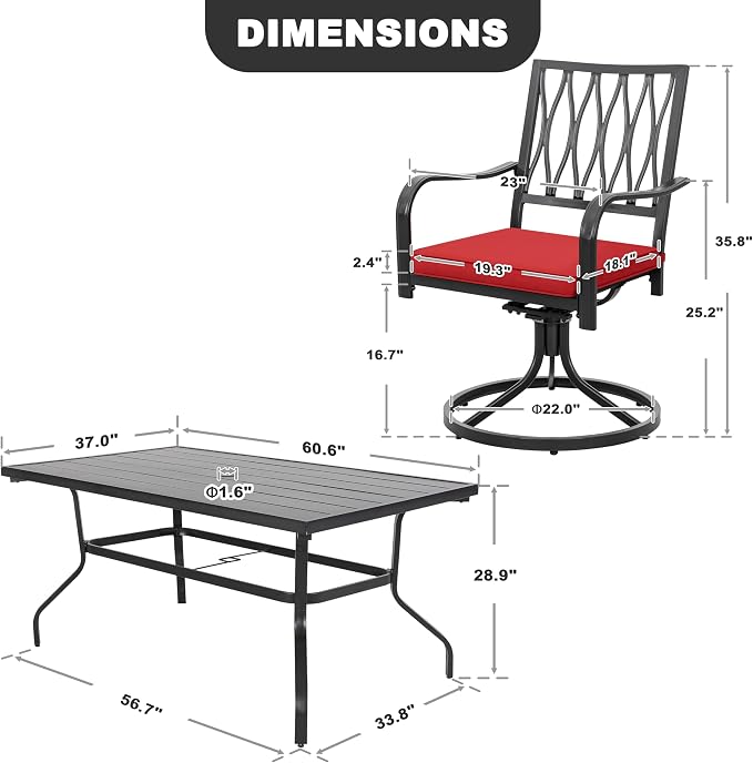NUU GARDEN 7 Piece Outdoor Dining Set, Outdoor Furniture Set for Rectangle Iron Umbrella Dining Table and 6 Cushioned Swivel Chairs, Black and Red Cushion
