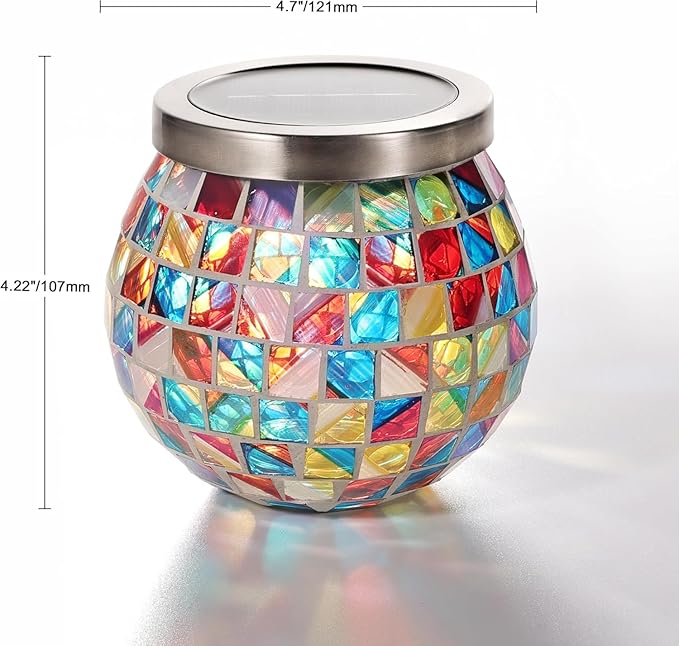 Cooo 6 Pack Gift for her him Landscape Lighting Path Lights Heavy Solar Mosaic Lantern with RGB Color-Changing Light – Dual Solar Panels, Red Amber Glass Tiles, Waterproof Outdoor
