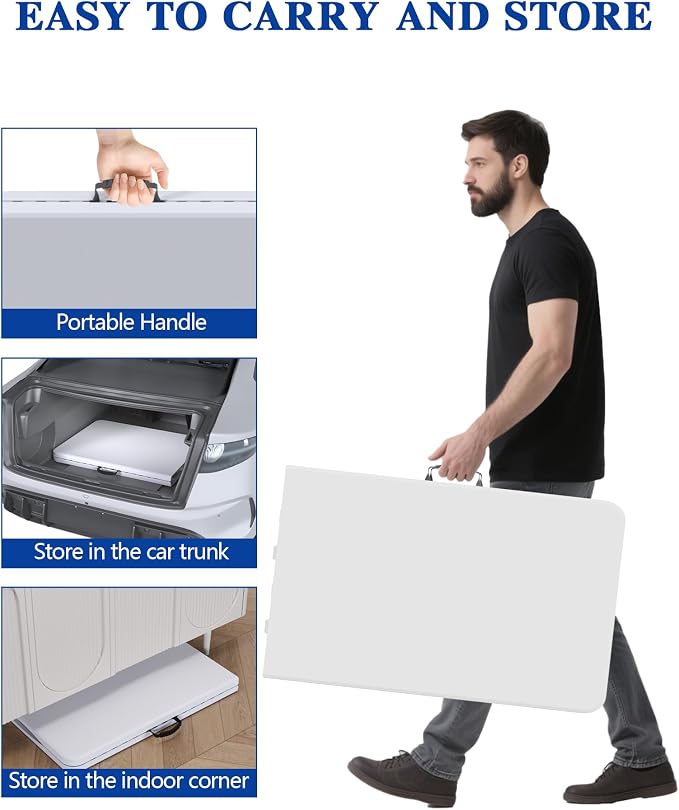 4FT White Folding Table for Outdoor, 4 Foot Picnic Tables No Assembly Required Portable, White Foldable Table for Camping, Parties, Meeting, Events, Wedding, BBQ, with Carrying Handle
