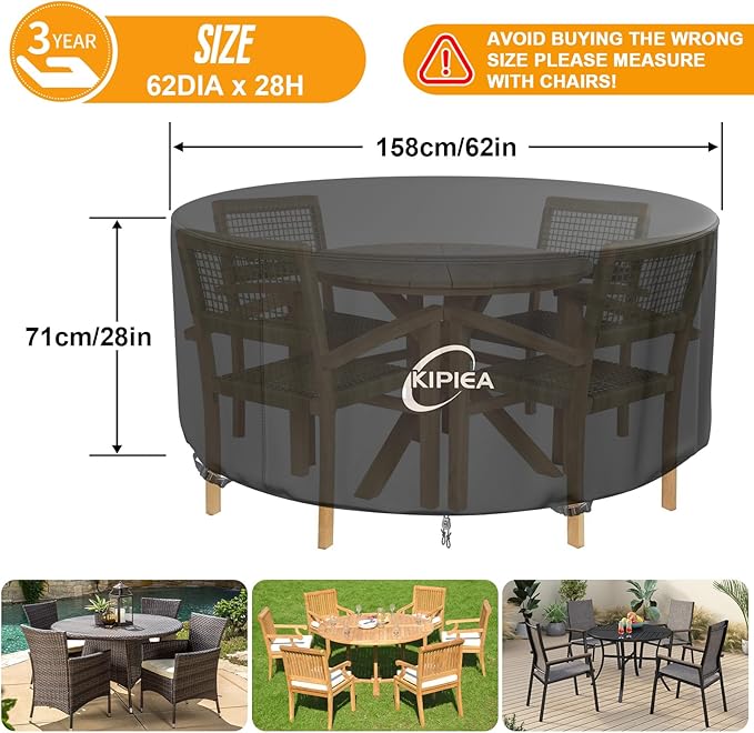 Kipiea Round Patio Table Cover Waterproof, Heavy-Duty Round Patio Furniture Covers, No Tears Anti UV No Fading (62" Dia x 28" H)