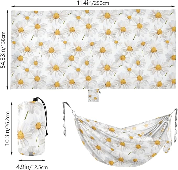 Camping Hammock Outdoor Hammocks for Outside White Daisy Cute Beach Trees Portable Lightweight with Pockets Tree Straps Indoor Small