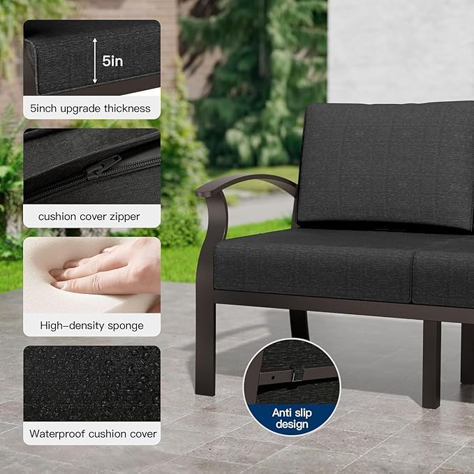 Kullavik Aluminum Patio Furniture Set with 2 Round Coffee Tables,5-seat Metal Outdoor Sectional Furniture w/5.1" Cushions,Patio Conversation Sets for Garden,Backyard,Porch-Black