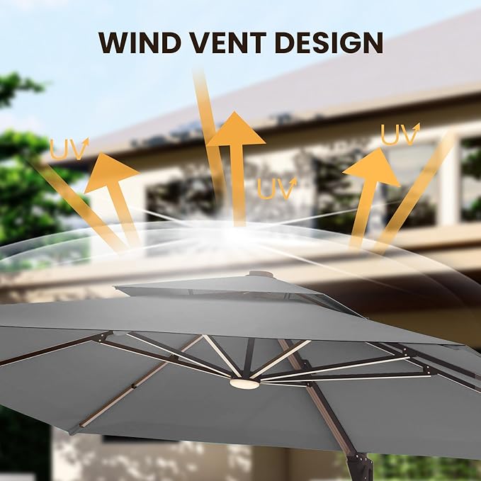 9 X 12 FT Cantilever Patio Umbrella with Led Lights Outdoor Heavy Duty Double Top Rectangle Offset Umbrellas with 360-degree Rotation for Pool Deck Backyard, Grey