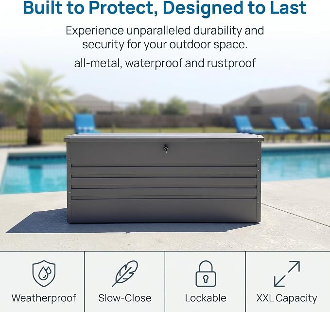 Metal Outdoor Storage Box 260 Gallon, Large Metal Deck Box, Light Gray | Waterproof Lockable for Pool Patio Summer Home