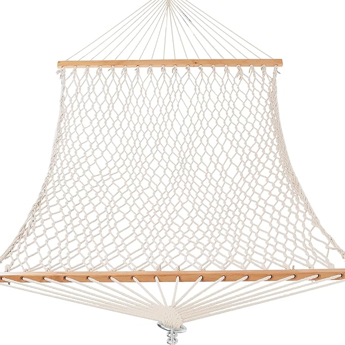 Rope Hammock 2 Person Traditional Hand Woven Outdoor Cotton Hammocks with Hardwood Spreader Bar, Max 450 lbs Capacity (Natural Beige, Large)