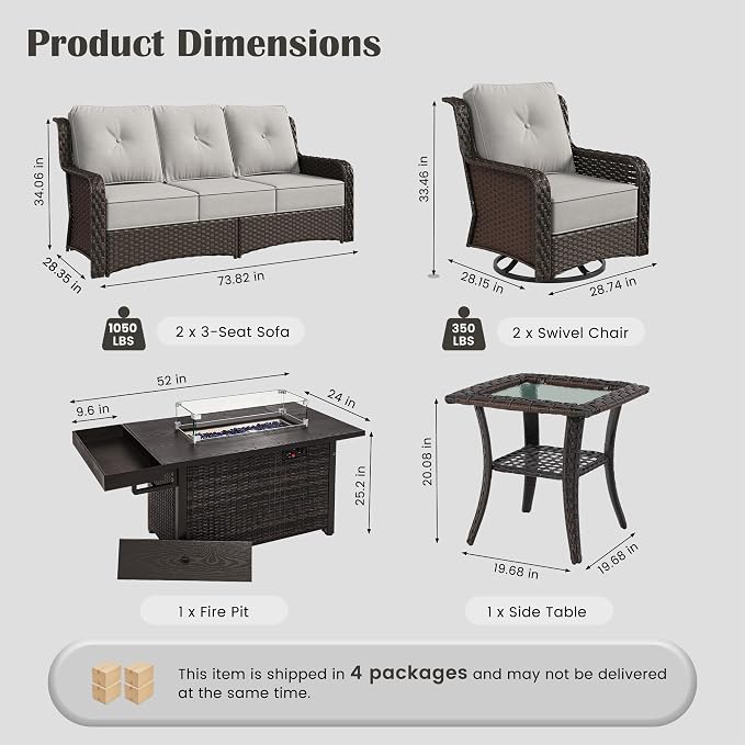 Sundale Outdoor Wicker Patio Furniture Set with Fire Pit, 6 Piece All Weather Outdoor Furniture Set with Swivel Chairs & Couch, High Back Patio Conversation Sets with 6" Cushions for Yard, Deck (Grey)