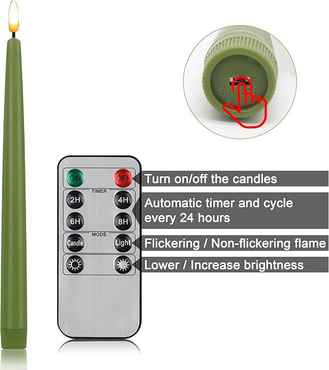 CVHOMEDECO. Flameless Taper Candles with 10-Key Remote, Battery Operated Led Flickering 3D Wick Window Candles Real Wax Finished Home Christmas Party Decor 0.78 x 11 Inch, Pack of 3, Sage Green