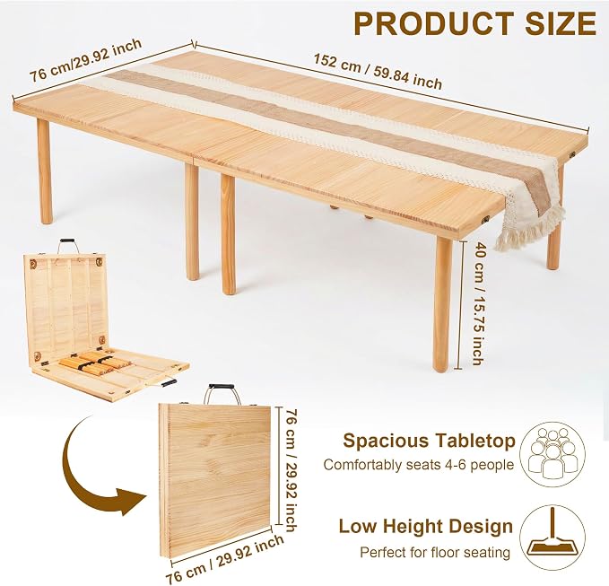Wooden Folding Picnic Table - 60" x 30" Boho Low Picnic Table with Table Runner, Foldable Table for Indoor Outdoor Camping, Wedding, Beach, Garden, Party