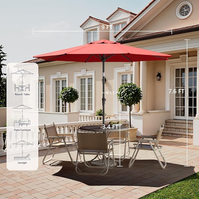 Outdoor Patio Umbrella with One Push Button Tilt and Crank, 8 Sturdy Ribs Market Table Umbrella