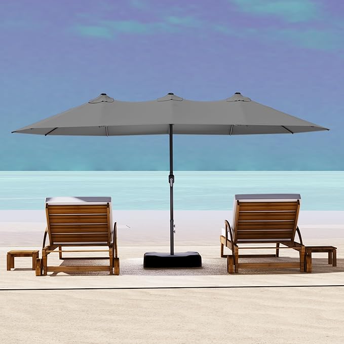 15ft Outdoor Market Umbrella with Base Included, Large Double-sided Pool Umbrella with Crank Handle, Garden, Backyard (Grey)