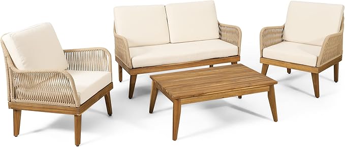 4-Pieces Acacia Wood Patio Furniture Set, All-Weather Outdoor Patio Conversation Set with Coffee Table and Soft Cushions, Rope Weave Porch Chairs for Garden Backyard Porch Balcony