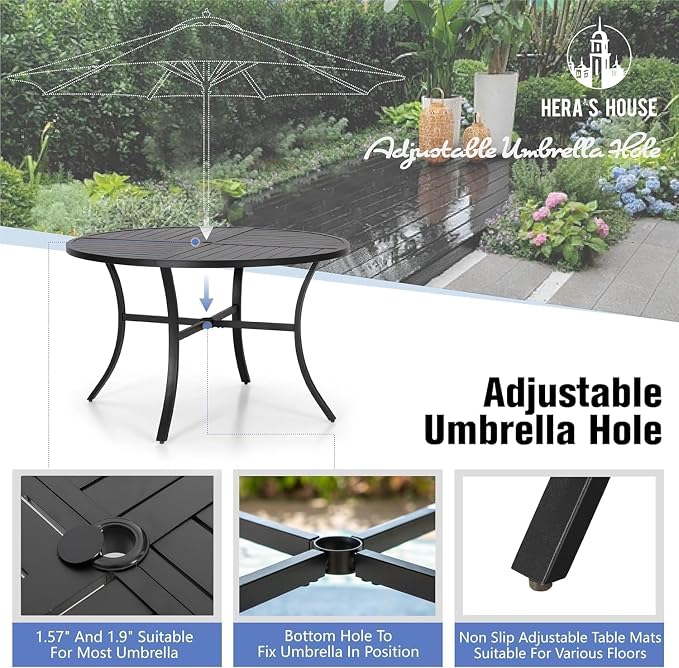 HERA'S HOUSE 5pc Patio Dining Set, 42" Round Table & Swivel Rattan Chairs | Metal table with umbrella hole, cushioned chairs. Waterproof, rust-resistant, all-weather for backyard, porch.