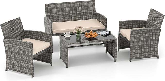 Tangkula 4 Piece Patio Wicker Furniture Set, Outdoor Heavy Duty Rattan Cushioned Chairs, Loveseat and Tempered Glass Coffee Table, for Backyard, Balcony, Poolside