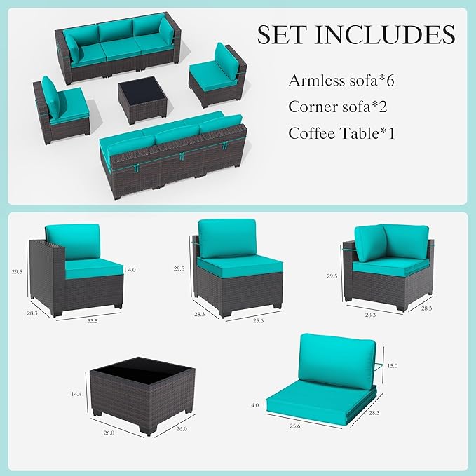 Gotland 9 Pieces Patio Furniture Set with 29.5'' High Backrest, All Weather PE Wicker Outdoor Furniture with 4’’ Thickened Cushions Coffee Table, Patio Set for Deck, Garden, Backyard, Blue