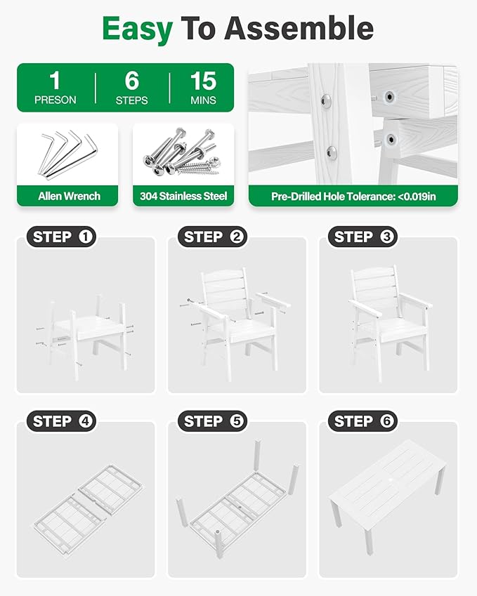 YEFU Patio Dining Sets 5-Piece: All-Weather Outdoor Table and Chairs with Umbrella Hole - Low-Maintenance HIPS Patio Dining Set for 4 Modern Plastic Outside Furniture for Family with Deck/Pool White